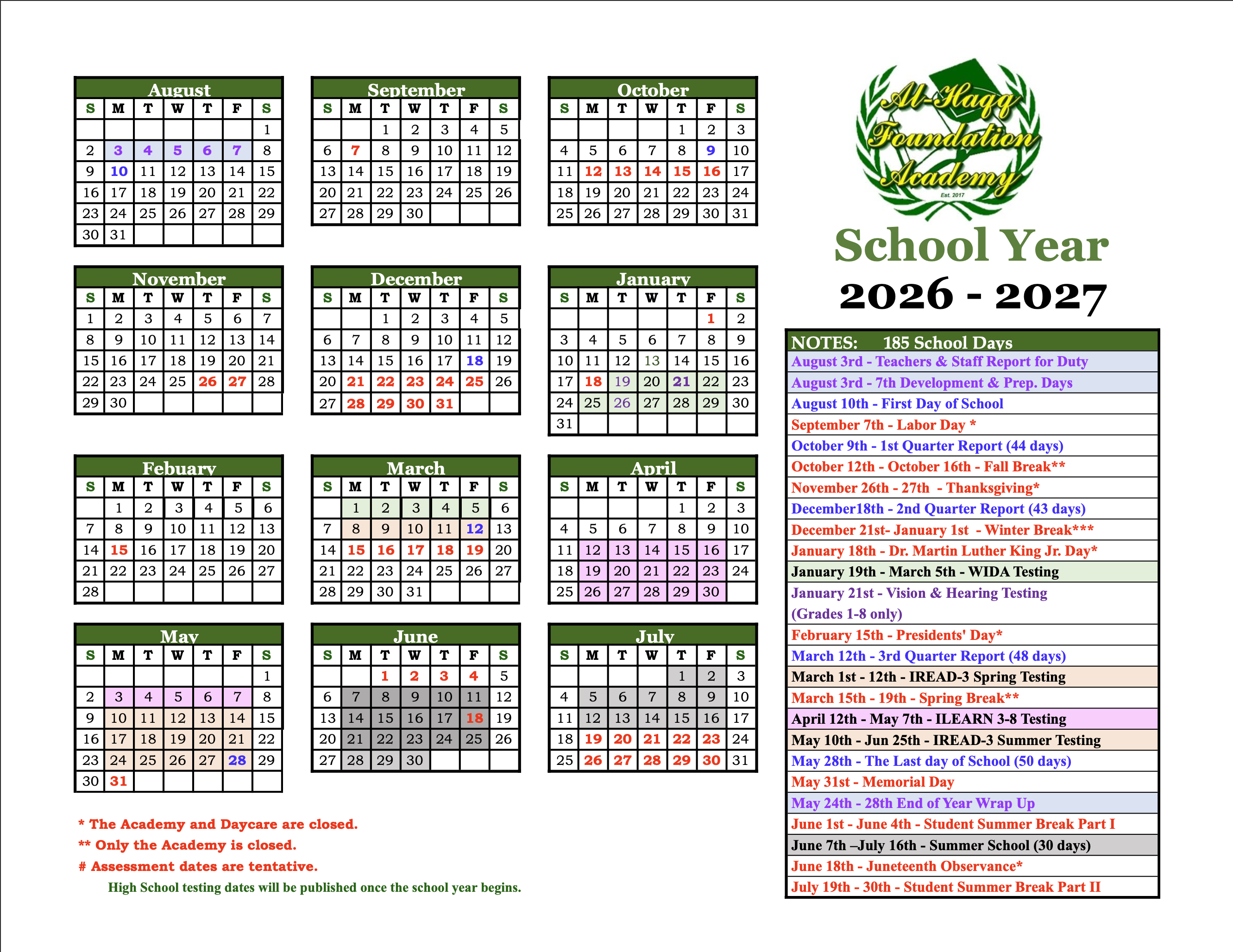 2026-2027 AHFA Calendar
